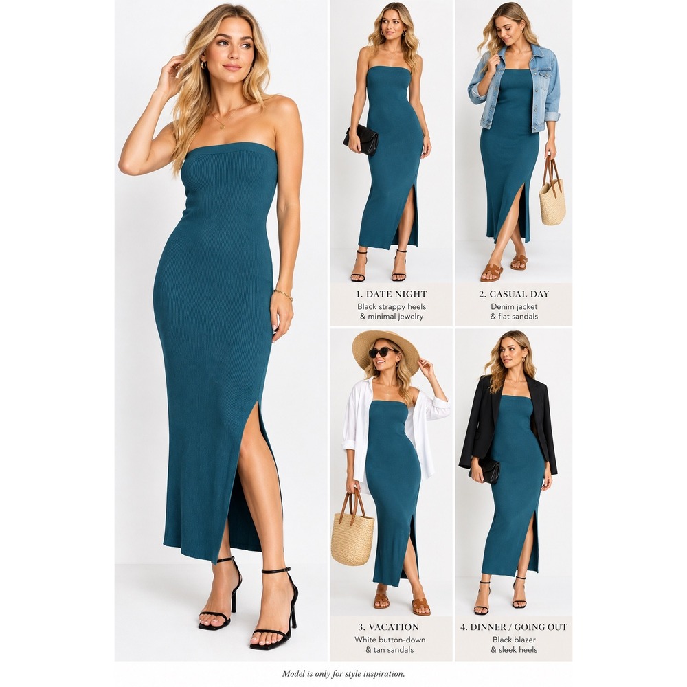 Future Collective Dress Womens L Teal Strapless Ribbed Maxi Bodycon Side Slit